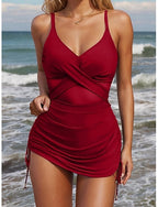 One Piece Swimsuit Ruched Cutout With Skirt Monokini Tummy Control High Waist Slim Mesh Backless Vacation Beach Wear Color V Neck Sleeveless Bathing Suits