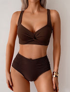Swimwear 2 Piece Cheeky Swimsuit Ruched Backless Vacation Beach Wear Plain V Neck Sleeveless Bathing Suits