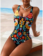 Swimwear One Piece High Cut Swimsuit Beach Wear Summer Graphic Geometic U Neck Sleeveless Bathing Suits