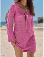Swimwear Cover Up Swim Dress Dress Swimsuit Cutout Vacation Beach Wear Plain V Neck Long Sleeve Bathing Suits