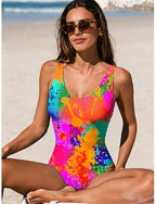 One Piece Swimsuit Slimming Monokini High Cut Tummy Control High Waist Slim Backless Vacation Graphic Geometic U Neck Sleeveless Bathing Suits