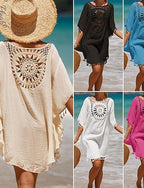 Swimwear Cover Up Swim Dress Swimsuit Crochet Vacation Beach Wear Color Round Neck Short Sleeves Bathing Suits