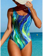 Swimwear One Piece High Cut Swimsuit Beach Wear Summer Graphic Geometic U Neck Sleeveless Bathing Suits