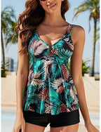Swimwear Tankini 2 Piece Shorts Swimsuit Tummy Control High Waist Slim Backless Vacation Beach Wear Graphic V Neck Sleeveless Bathing Suits