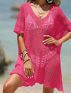 Swimwear Cover Up Swim Dress Swimsuit Crochet Vacation Beach Wear Color V Neck Short Sleeves Bathing Suits
