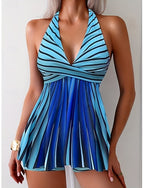 Tankini 2 Piece Swimsuit Boy Leg Halter Tummy Control High Waist Slim Backless Vacation Beach Wear Ombre Stripe Halter Neck Sleeveless Bathing Suits