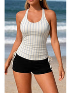 Swimwear Tankini 2 Piece Shorts Swimsuit Tummy Control High Waist Slim Backless Vacation Beach Wear Striped U Neck Sleeveless Bathing Suits