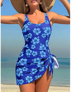One Piece Swimsuit With Skirt Monokini High Cut Tummy Control High Waist Slim Backless Vacation Graphic U Neck Sleeveless Bathing Suits