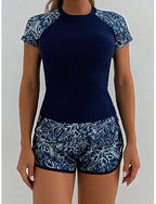 Tankini 2 Piece Swimsuit Palm Shorts Tummy Control High Waist Slim Backless Vacation Beach Wear Leaves Round Neck Short Sleeves Bathing Suits
