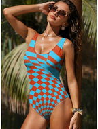One Piece Swimsuit Slimming Colorblock Monokini High Cut Tummy Control High Waist Slim Backless Vacation Graphic Geometric U Neck Sleeveless Bathing Suits