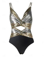 Swimwear One Piece Bikini Swimsuit Patchwork Vacation Beach Wear Color Block V Neck Sleeveless Bathing Suits