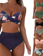 Bikini 2 Piece Swimsuit Ruched Underwire Briefs Slim Backless Vacation Beach Wear Graphic V Neck Sleeveless Bathing Suits