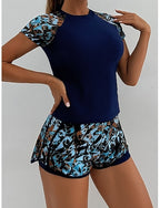 Tankini 2 Piece Swimsuit Palm Shorts Tummy Control High Waist Slim Backless Vacation Beach Wear Leaves Round Neck Short Sleeves Bathing Suits