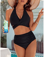 Bikini 2 Piece Swimsuit Ruched Cheeky Tummy Control High Waist Slim Backless Vacation Beach Wear Color V Neck Sleeveless Bathing Suits