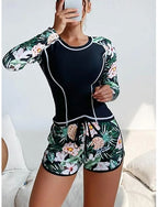 Tankini 2 Piece Swimsuit Palm Rash Guard Shorts Tummy Control High Waist Slim Backless Vacation Beach Wear Round Neck Long Sleeve Bathing Suits