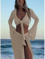 Cover Up 2 Piece Swimsuit Knitted Vacation Beach Wear Color V Neck Long Sleeve Bathing Suits
