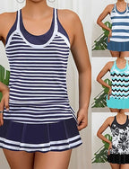 Swimwear 2 Piece Skirt Swimsuit Backless Vacation Beach Wear Graphic Round Neck Sleeveless Bathing Suits