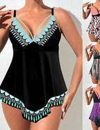 Tankini 2 Piece Swimsuit Cheeky Tummy Control High Waist Slim Backless Vacation Beach Wear Graphic Color Block V Neck Sleeveless Bathing Suits