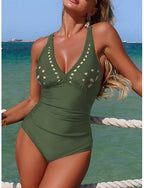 Swimwear One Piece Monokini Swimsuit Tummy Control High Waist Slim Backless Vacation Beach Wear Color V Neck Sleeveless Bathing Suits
