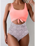 One Piece Swimsuit Cutout Monokini Tummy Control High Waist Slim Backless Vacation Beach Wear Polka Dot Color Block U Neck Sleeveless Bathing Suits