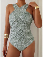 Swimwear One Piece Monokini Swimsuit Tummy Control High Waist Slim Backless Vacation Tropical Graphic Halter Neck Sleeveless Bathing Suits