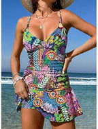 Swimwear One Piece Skirt Swimsuit Vacation Graphic V Neck Sleeveless Bathing Suits