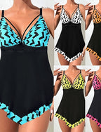Swimwear 2 Piece Cheeky Swimsuit Backless Vacation Beach Wear Graphic V Neck Sleeveless Bathing Suits