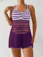 Tankini Two Piece Swimsuit Lace Swimwear Stripes Swimwear Black Purple Breathable Quick Dry Lightweight Sleeveless - Swimming Surfing Beach Summer Spring