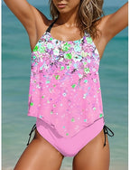 Tankini 2 Piece Swimsuit Cheeky Backless Vacation Beach Wear Ombre U Neck Sleeveless Bathing Suits