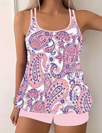 Swimwear 2 Piece Shorts Swimsuit Backless Vacation Beach Wear Graphic Round Neck Sleeveless Bathing Suits
