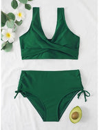 Bikini 2 Piece Swimsuit Ruched Cheeky Slim Backless Vacation Beach Wear Color V Neck Sleeveless Bathing Suits