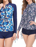 Rash Guard Two Piece Swimsuit Swimsuits Tropical Ruched Side Uv Protection Elastic Long Sleeve Swimwear Surfing Beach Vacation Summer