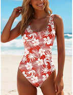 One Piece Swimsuit Slimming Palm Briefs Beach Wear Summer Graphic Paisley U Neck Sleeveless Bathing Suits