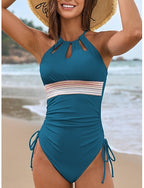 One Piece Swimsuit Slimming Ruched Cutout Colorblock Monokini Tummy Control High Waist Slim Backless Vacation Beach Wear Color Halter Neck Sleeveless Bathing Suits