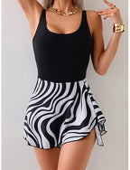 One Piece Swimsuit Leopard Monokini Dress Tummy Control High Waist Slim Backless Vacation Beach Wear Zebra Print U Neck Sleeveless Bathing Suits