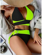 Swimwear Bikini 2 Piece Cheeky Swimsuit Slim Backless Vacation Beach Wear Color Block V Neck Sleeveless Bathing Suits