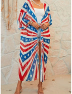 Swimwear Cover Up Swimsuit Vacation Beach Wear Flag V Neck Long Sleeve Bathing Suits