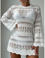 Cover Up Swimsuit Dress Cut Out Vacation Beach Wear Color Round Neck Long Sleeve Bathing Suits