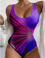One Piece Swimsuit Slimming Colorblock Monokini High Cut Tummy Control High Waist Slim Backless Vacation Ombre Graphic Round Neck Sleeveless Bathing Suits