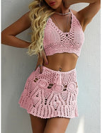 Bikini 2 Piece Swimsuit Skirt Knitted Backless Vacation Beach Wear Color Halter Neck Sleeveless Bathing Suits