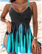 Tankini 2 Piece Swimsuit Cheeky Tummy Control High Waist Slim Backless Vacation Beach Wear Ombre Graphic V Neck Sleeveless Bathing Suits