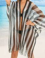 Swimwear Cover Up Swimsuit Fringe Hem Cut Out Vacation Beach Wear Striped V Neck Long Sleeve Bathing Suits