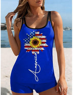 American Independence Day Swimwear Tankini 2 Piece High Waist Swimsuit Backless Vacation Beach Wear Geometric U Neck Sleeveless Bathing Suits