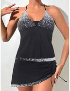 Tankini 2 Piece Swimsuit Ruched Skirt Tummy Control High Waist Slim Backless Vacation Beach Wear Ombre Halter Neck Sleeveless Bathing Suits