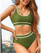 Bikini 2 Piece Swimsuit Colorblock High Waist Slim Backless Vacation Beach Wear Stripe V Neck Sleeveless Bathing Suits
