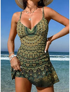 Swimwear One Piece Skirt Swimsuit Vacation Graphic Geometric V Neck Sleeveless Bathing Suits