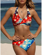 American Independence Day Swimwear Bikini Briefs Swimsuit Vacation Graphic Flag Halter Neck Sleeveless Bathing Suits
