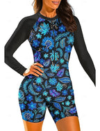 Regular Rash Guard Bathing Suit Athletic Swimwear Paisley Tropical Removable Pad Front Zip Boyleg Uv Sun Protection Upf50+ Stretchy Long Sleeve Swimwear Bodysuit Surfing Beach Water