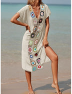 Cover Up Swimsuit Dress Patchwork Vacation Beach Wear Color V Neck Short Sleeves Bathing Suits