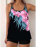Tankini 2 Piece Swimsuit Palm Shorts Tummy Control High Waist Slim Backless Vacation Beach Wear Ombre Geometic U Neck Sleeveless Bathing Suits